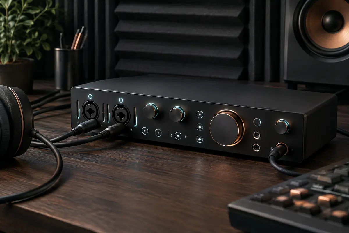 Interface audio noire de bureau dans un home-studio, avec commandes tactiles et prises combo XLR visibles.