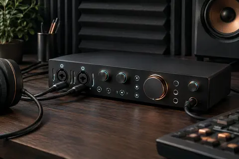 Interface audio noire de bureau dans un home-studio, avec commandes tactiles et prises combo XLR visibles.