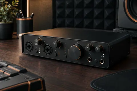 Interface audio noire en métal installée sur un bureau en bois sombre dans un home-studio