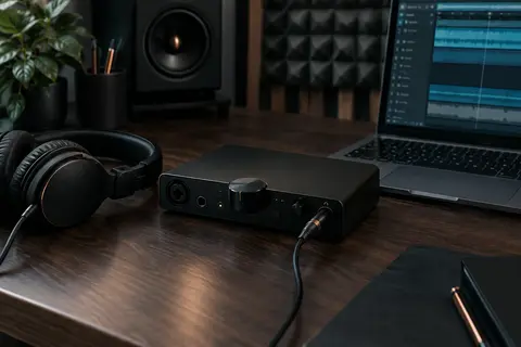 Interface audio Audient compacte noire posée sur un bureau en bois sombre dans un home-studio rangé.