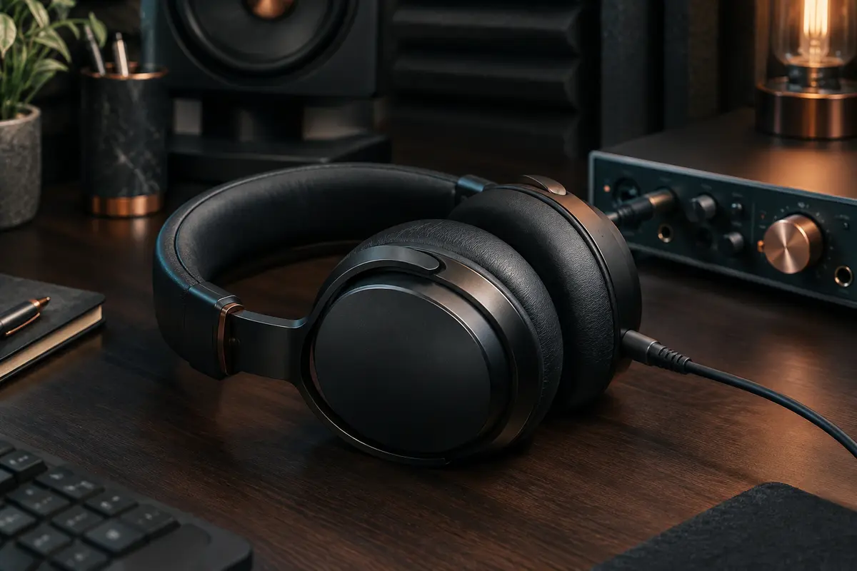 Casque de monitoring fermé noir posé sur un bureau en bois sombre dans un home-studio