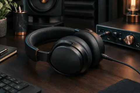 Casque de monitoring fermé noir posé sur un bureau en bois sombre dans un home-studio
