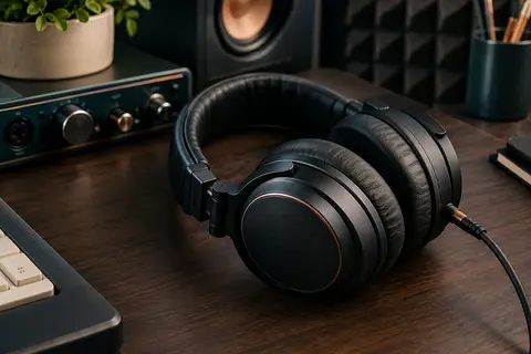 Casque de studio circumaural noir pliable posé sur un bureau en bois sombre dans un home-studio rangé.
