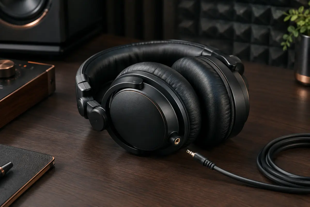 Casque de studio fermé noir pliable posé sur un bureau en bois sombre dans un home-studio