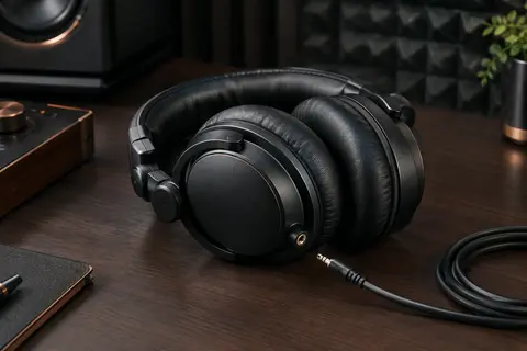 Casque de studio fermé noir pliable posé sur un bureau en bois sombre dans un home-studio