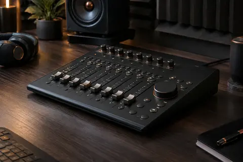 Surface de contrôle Avid S1 noire installée sur un bureau de home-studio rangé