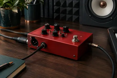 Pédale de préampli acoustique DI rouge posée sur un bureau de home-studio en bois sombre.