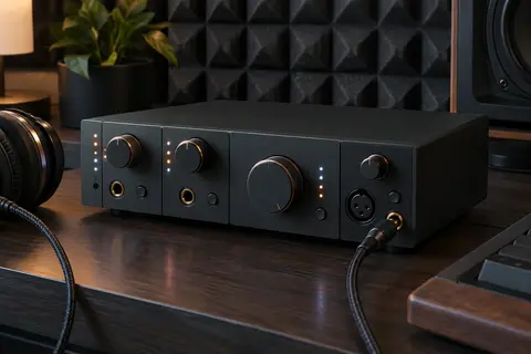 Amplificateur casque stéréo à quatre canaux posé sur un bureau de home-studio rangé