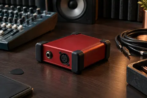 Boîte de direct Behringer GI100 rouge en aluminium, posée sur un bureau de home-studio avec ses connecteurs visibles.