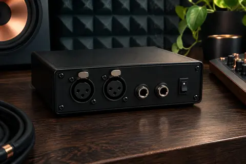 Boîte de direct compacte noire posée sur une table en bois sombre dans un home-studio rangé