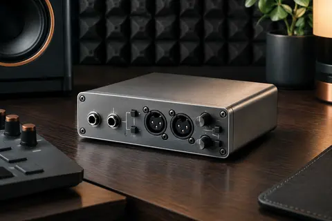 Boîtier DI Behringer DI20 argenté avec entrées TRS, sorties XLR et commandes de routage