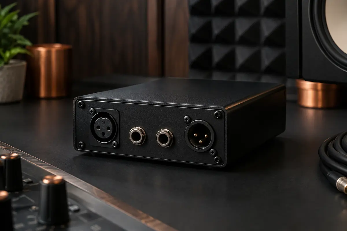 Boîtier de direct passif noir en métal, posé dans un home-studio avec ses prises jack et XLR visibles.