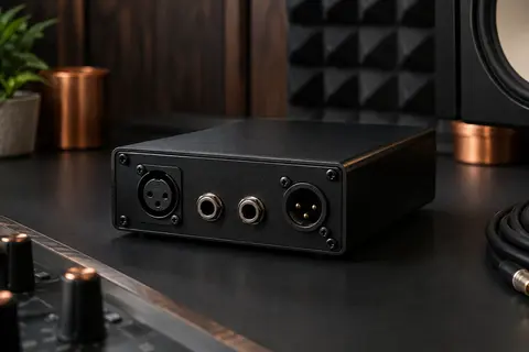 Boîtier de direct passif noir en métal, posé dans un home-studio avec ses prises jack et XLR visibles.