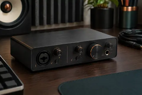 Interface audio USB noire Behringer UMC22 posée sur un bureau de home-studio avec ses connexions visibles.