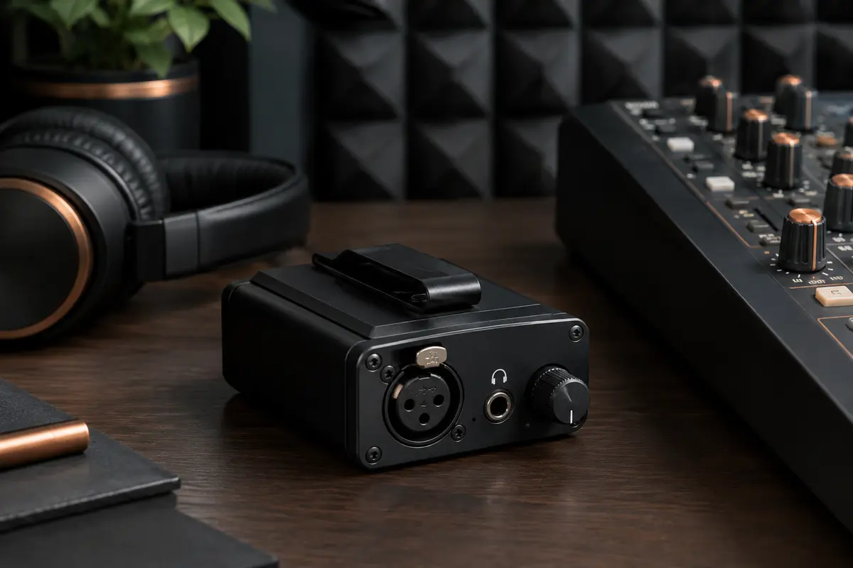 Amplificateur de casque Behringer PM1 noir avec clip de ceinture, posé près d’une console de home-studio.