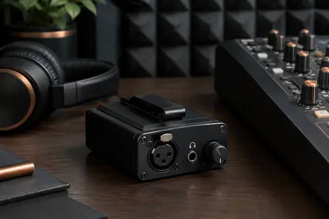 Amplificateur de casque Behringer PM1 noir avec clip de ceinture, posé près d’une console de home-studio.