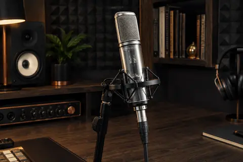 Microphone vocal à condensateur sur pied dans un home-studio aux murs en mousse acoustique sombre.