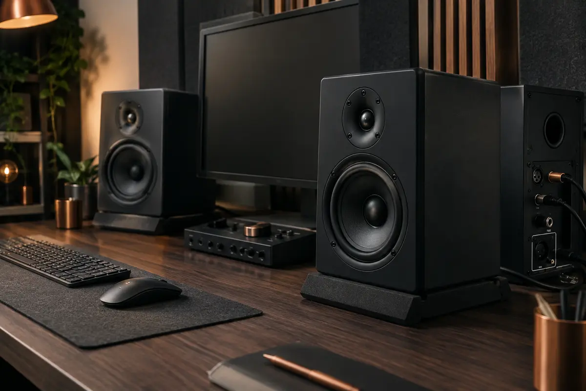 Paire d’enceintes de monitoring Behringer noires installées sur un bureau de home-studio.