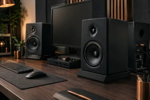 Paire d’enceintes de monitoring Behringer noires installées sur un bureau de home-studio.