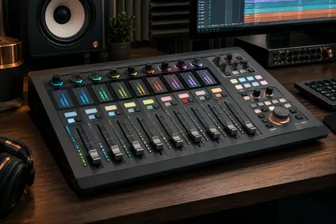 Surface de contrôle DAW avec neuf faders motorisés, écrans LCD et commandes lumineuses dans un home-studio