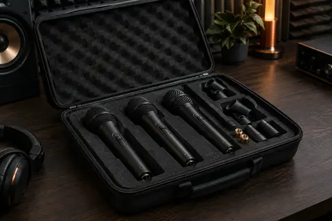 Trois microphones dynamiques noirs avec interrupteurs et étui de transport ouvert dans un home-studio