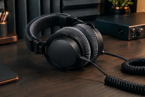 Casque de studio fermé noir et gris posé sur un bureau en bois sombre dans un home-studio