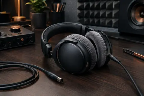 Casque de studio fermé noir à coussinets gris, avec câble amovible posé sur un bureau de home-studio.