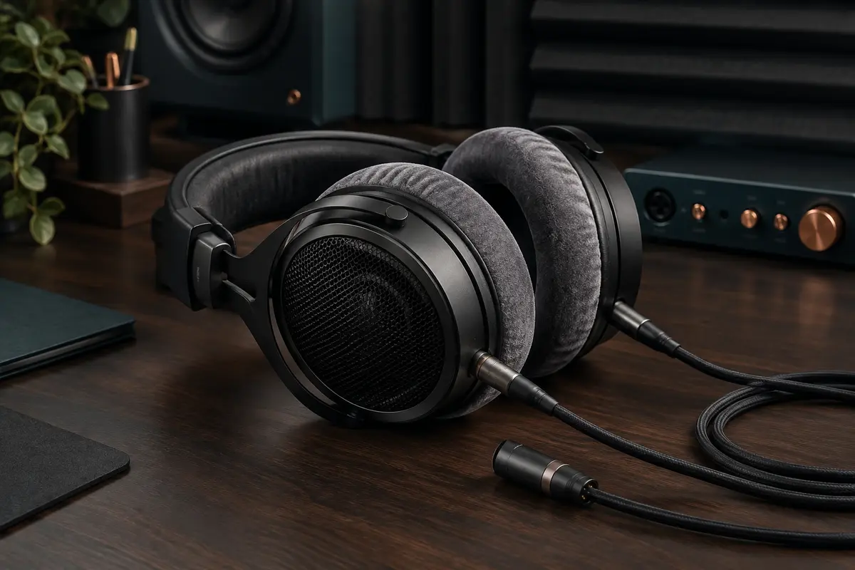 Casque de studio ouvert noir à coussinets gris posé sur un bureau de home-studio rangé.
