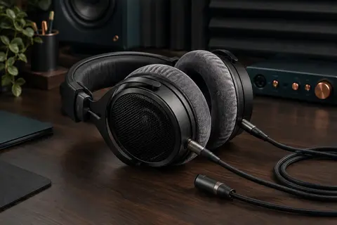 Casque de studio ouvert noir à coussinets gris posé sur un bureau de home-studio rangé.
