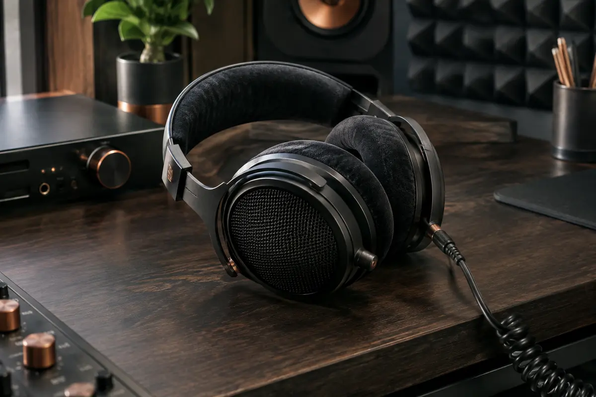 Casque de studio ouvert noir à coussinets en velours et câble spiralé posé sur un bureau de home-studio.
