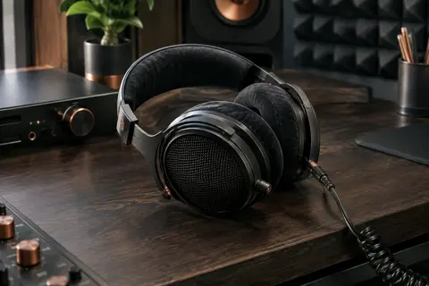 Casque de studio ouvert noir à coussinets en velours et câble spiralé posé sur un bureau de home-studio.