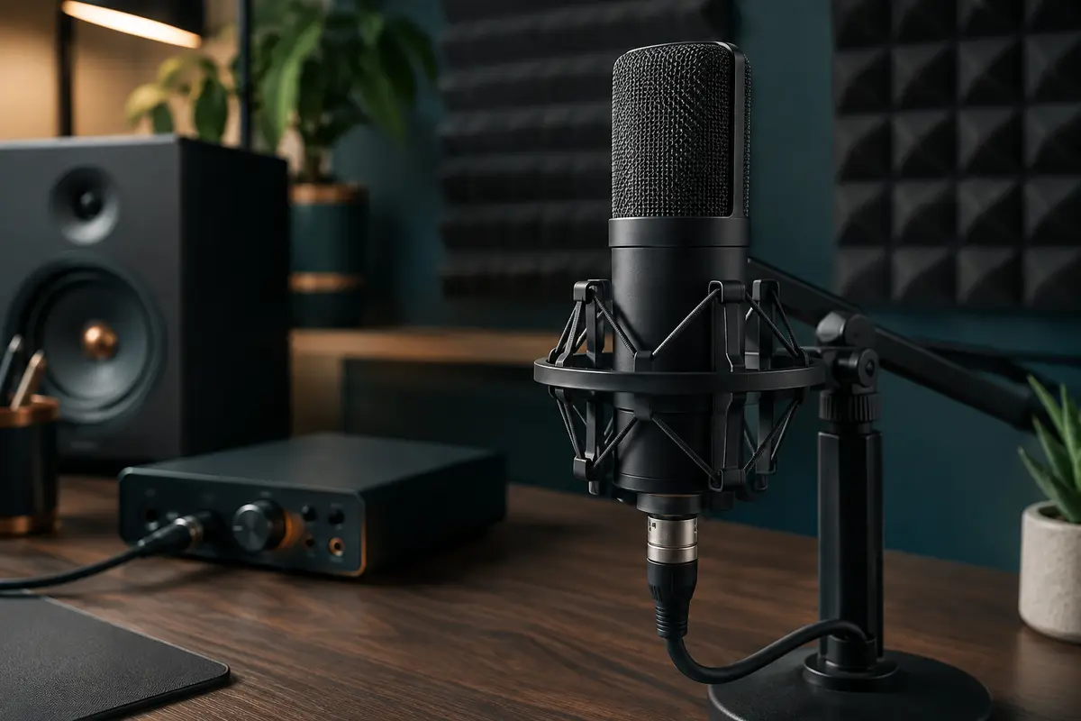 Microphone à condensateur sombre sur son support anti-choc, installé près d’une interface audio dans un home-studio.