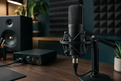 Microphone à condensateur sombre sur son support anti-choc, installé près d’une interface audio dans un home-studio.
