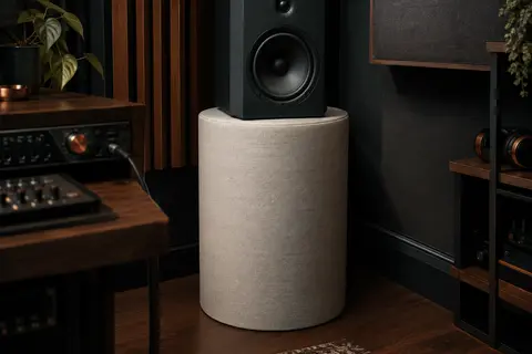 Piège à basses cylindrique écru placé dans un angle de home-studio, avec une enceinte posée sur le dessus.