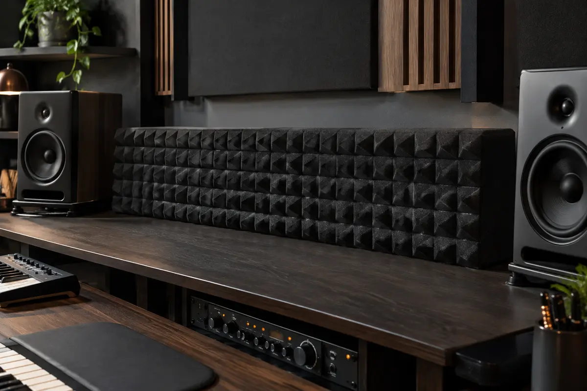 Piège à basses Dibapur en mousse anthracite à relief pyramidal, placé derrière des enceintes de studio