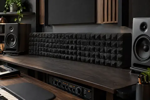 Piège à basses Dibapur en mousse anthracite à relief pyramidal, placé derrière des enceintes de studio