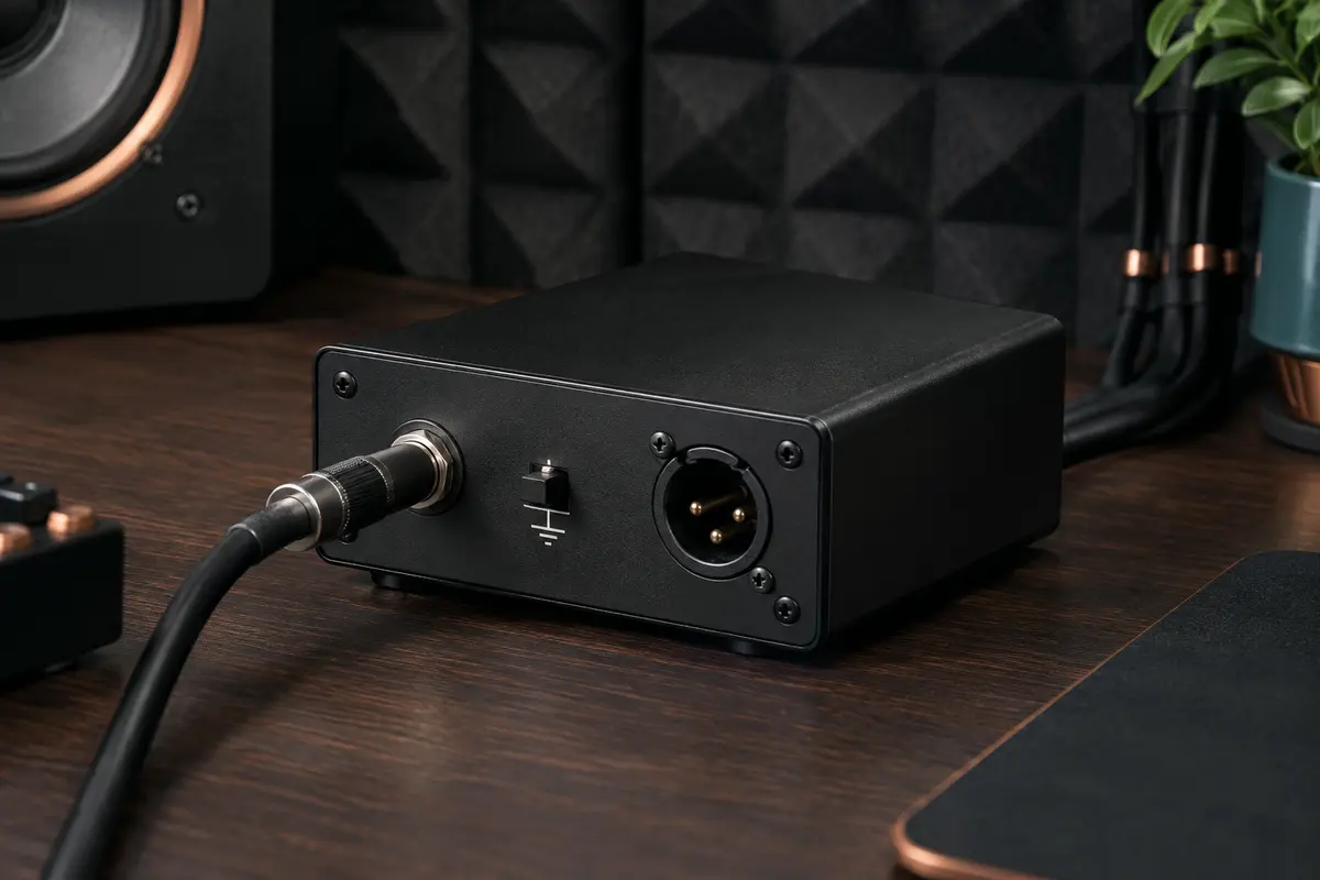Boîte de direct passive noire avec entrée jack, sortie XLR et commutateur Ground Lift sur un bureau de studio.