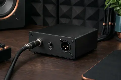 Boîte de direct passive noire avec entrée jack, sortie XLR et commutateur Ground Lift sur un bureau de studio.