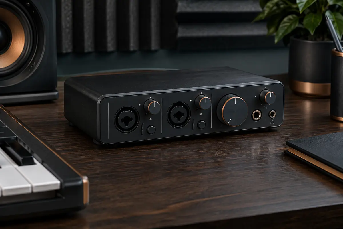 Interface audio USB noire avec deux entrées combo et commandes de niveau sur un bureau de home-studio