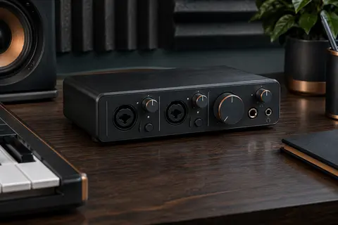 Interface audio USB noire avec deux entrées combo et commandes de niveau sur un bureau de home-studio