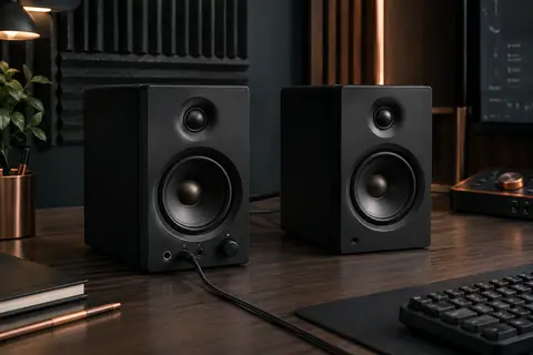 Enceintes de monitoring Edifier MR3 noires installées en stéréo sur un bureau de home-studio.