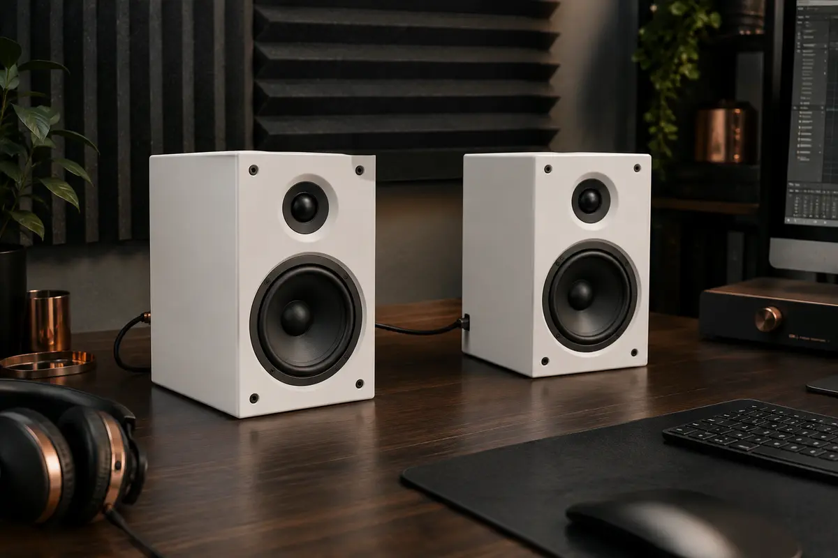 Paire de moniteurs de studio blancs installés sur un bureau en bois sombre dans un home-studio.