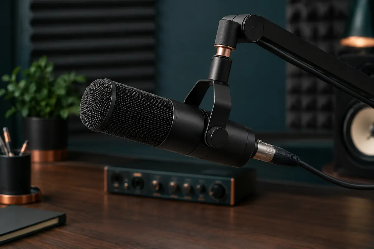 Micro dynamique noir monté sur un bras de micro dans un home-studio avec mousse acoustique et interface audio.