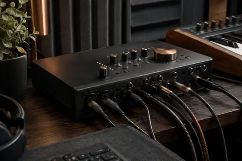 Interface audio noire à nombreuses connexions installée sur un bureau de home-studio en bois sombre.