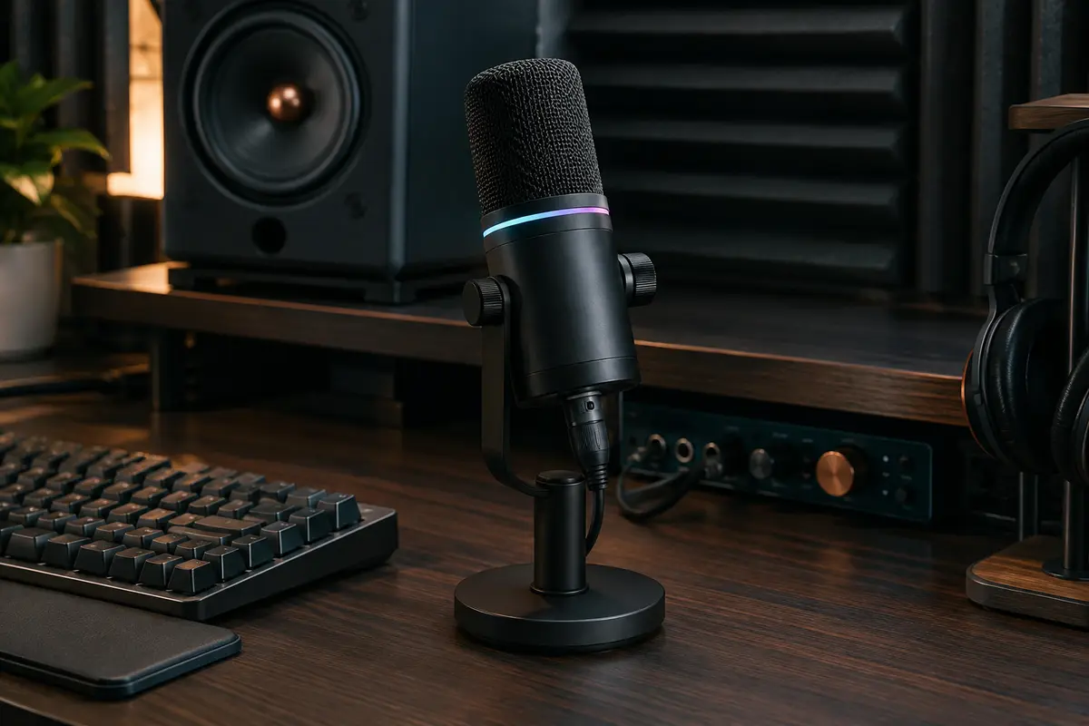 Microphone dynamique noir sur son support de bureau, avec anneau RGB dans un home-studio rangé.