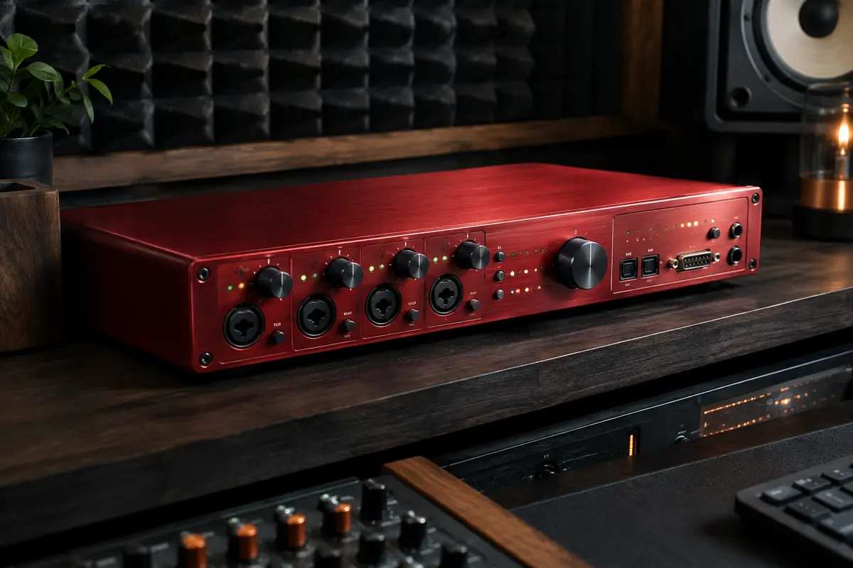 Préampli ADAT rouge en aluminium installé dans un home-studio aux surfaces mates et au bois sombre