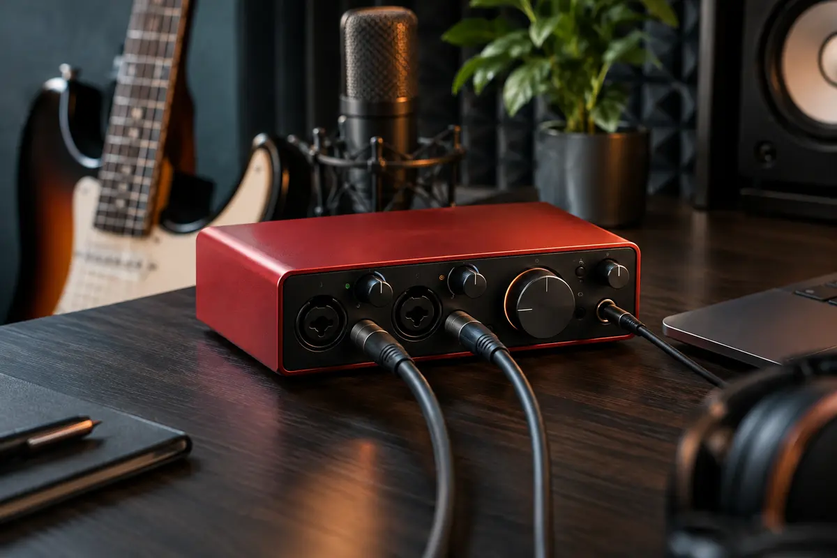 Interface audio compacte rouge posée sur un bureau de home-studio, avec un microphone et une guitare en arrière-plan.