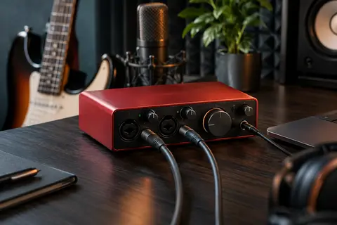 Interface audio compacte rouge posée sur un bureau de home-studio, avec un microphone et une guitare en arrière-plan.