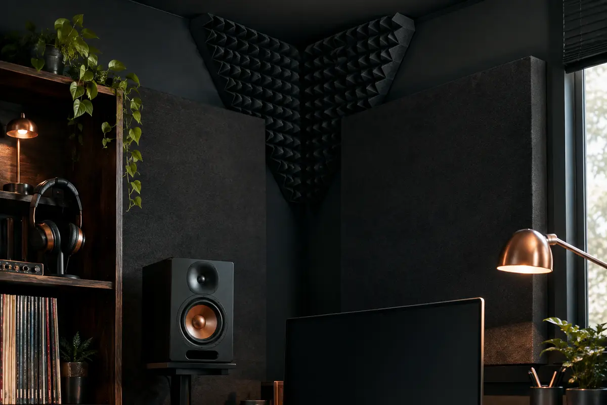 Quatre pièges à basses triangulaires noirs installés dans les angles supérieurs d’un home-studio.