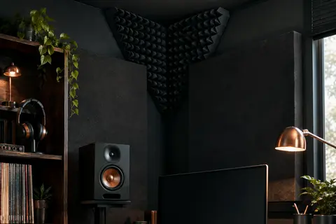 Quatre pièges à basses triangulaires noirs installés dans les angles supérieurs d’un home-studio.
